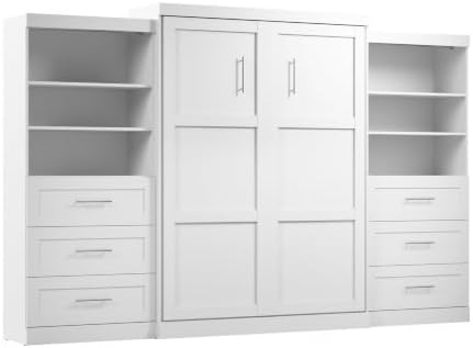 Bestar Pur Queen Murphy Bed with 2 Shelving Units, 136-inch Space-Saving Sleeping Arrangement with Storage | 2 Shelving Units, supports up to 1000 lb