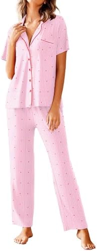 Avidlove Women Pajamas Set Notch Collar Soft Sleepwear Pjs Short Sleeve Button Down Nightwear with Long Pants