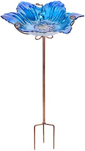 MUMTOP Glass Bird Bath Outdoor Birdfeeder Blue Flower Bowl with Metal Stake