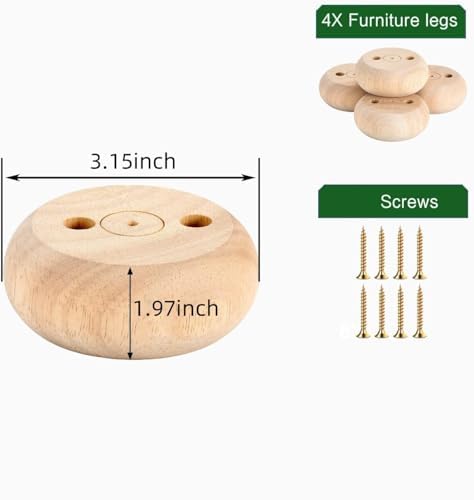 Pack of 4 Walnut Furniture Legs Round Bun Feet 2" Tall Wood Sofa Legs Replacement Legs for Cabinet Couch Chair Dresser
