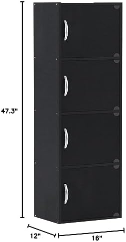 HODEDAH IMPORT 4-Shelf Bookcase Cabinet, Black
