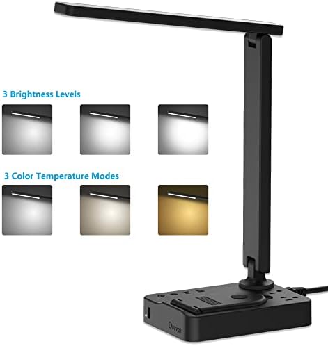 Drevet LED Desk Lamp for College Dorm Room, Desk Light with 1 USB Charging Port 2 AC Power Outlet, 3 Lighting Modes, 3 Level Brightness Touch Lamp