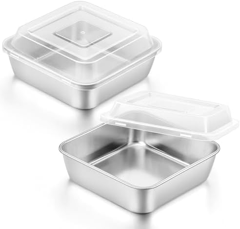 E-far 8 x 8-Inch Baking Pan with lid, Square Cake Brownie Baking Pans Stainless Steel Bakeware Set of 2, Non-toxic & Healthy