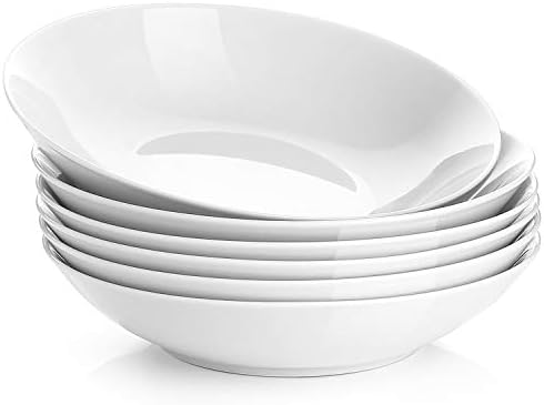 Y YHY 9" Pasta Bowls, 40oz Large Salad Bowls Set of 6, Wide Shallow Ceramic Bowls for Serving Soup, White Dinner Plates Set for Kitchen