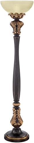 Valentina 75" Tall Acanthus Leaf Torchiere Floor Lamp Living Room | Traditional Victorian Carved Wood Amber Glass Shade Foot Dimmer Standing Light