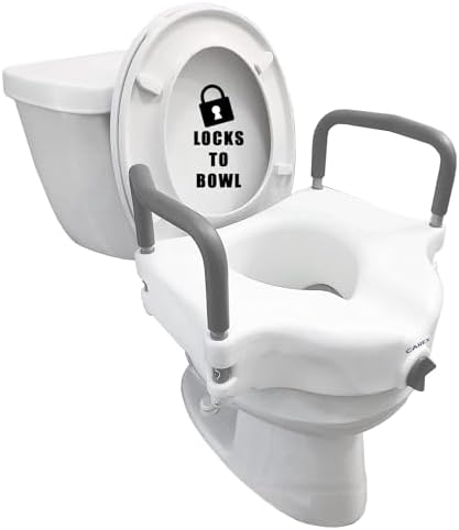 Carex E-Z Lock Raised Toilet Seat with Handles, 4.5 Inch Toilet Seat Riser with Arms, Toilet Riser Fits Most Toilets, Elongated or Round