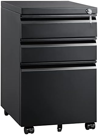 DEVAISE 3 Drawer Mobile File Cabinet with Lock, Under Desk Metal Filing Cabinet for Home Office/Legal/Letter/A4 File, Fully Assembled Except Wheels, Black