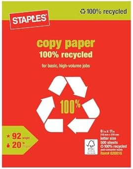 Staples 100% Recycled Printer Paper Bright White Copy/Fax/Laser/Inkjet, 500 Sheets