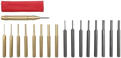 GRIP 18 pc Brass & Steel Drive Pin Punch Set - Automatic Center Punch - Vinyl Storage Pouch - Brass and Steel Pin Punches - Sizes: 1/16”, 3/32”
