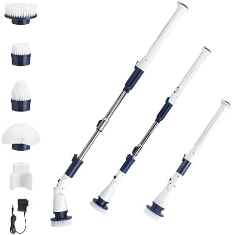 Casabella Power Spin Scrubber, Extendable to 47.5” – Cordless Electric Cleaner for Shower, Kitchen, Bathroom, Tile, Tub, Car, Deck - Rechargeable Spin Brush with Adjustable Brush Head & 4 Attachments