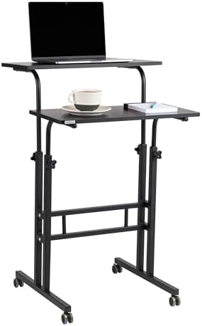Mind Reader Standing Desk, Adjustable Height Laptop Workstation, Portable Rolling Desk on Wheels, Two-Tier Metal Frame, Black