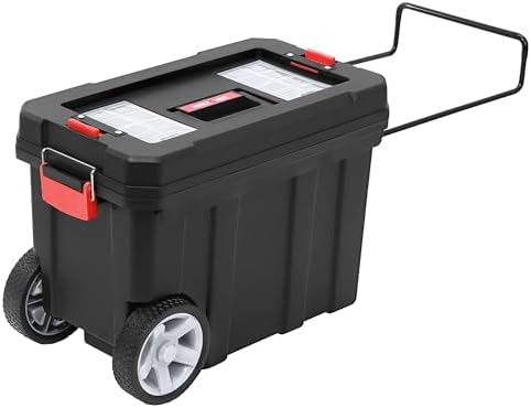 MAXPOWER Small Tool Box, 14-inch Plastic Tool Boxes with Handle | Removable Tray with Dual Lock Secured, Red Toolbox for Home