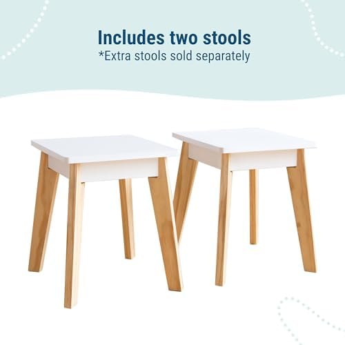 Wildkin Kids Arts & Crafts Table Set – Mid-Century Modern Design with 2 Stools, Storage Cubbies & Paper Roll - White