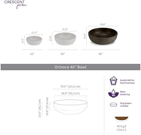 Crescent Garden Orinoco Planter Bowl – Double-Walled Resin Pot for Succulents, Flowers Without Drain Hole - 21" W x 8.25" H (Weathered Concrete)