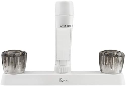 Dura Faucet DF-PK600S-BQ RV Two Handle Kitchen Sink Faucet (Bisque) | Smoked acrylic knobs give smooth, precise control of flow. Bisque Parchment. Plated ABS plastic (not metal).