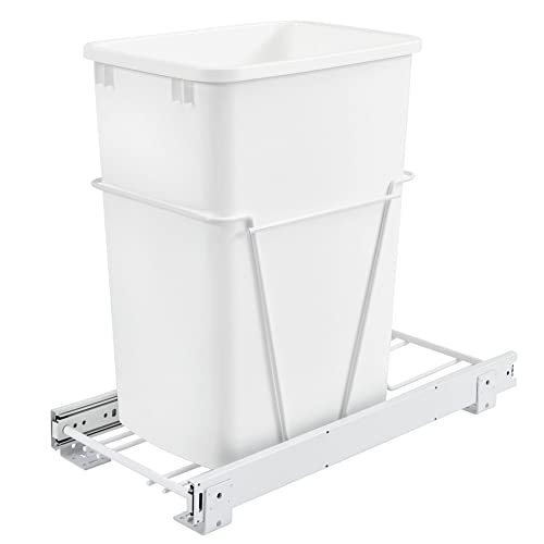 Rev-A-Shelf Single 35 Qt Pullout Trash Can for Base Kitchen Cabinets | Garbage Waste Bin System with 3/4 Extension Slides, Min Opening Width of 11, White, RV-12PB