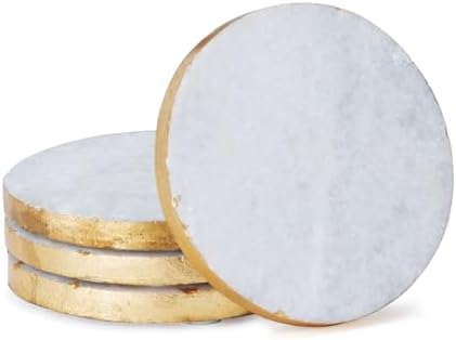 Thirstystone 4 Pack Round Natural White Marble Coasters 4" Diameter | Gold Edges, Elegant, Luxurious, Stemware Safe