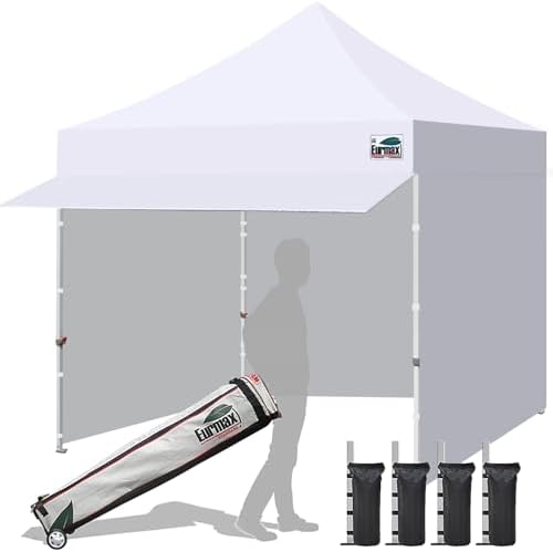Eurmax USA 10x10 Pop Up Canopy,Commercial Tent with Patented No-Tip Rolling Bag,30sqft Extension Awning & 4 Zippered Removable Walls,UV & Water Resistant,Heavy Duty Instant Shelter Gazebo,White