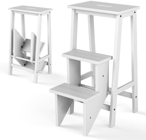 Costzon Folding 3 Step Stool, 3 in 1 Wooden Step Ladder with Handle, Non-Slip Pedal, Multifunctional Storage Shelf, Flower Rack for Kitchen, Library, Garage, Foldable Step Stool for Adults Kids