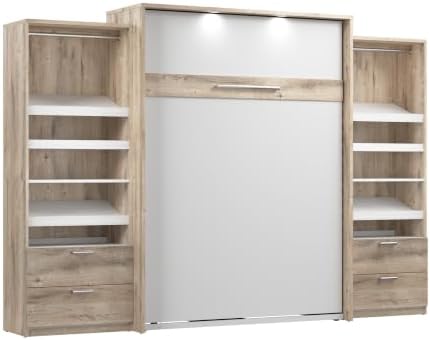 Bestar Cielo Queen Murphy Bed with 2 Closet Organizers with Drawers (125W) in Rustic Brown and White, Sleeping Arrangement for Multipurpose Room