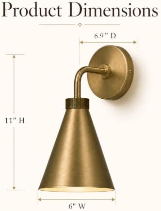 Vintage Metal Cone Wall Sconce, 6" W x 6" L x 11" H | Retro Industrial, Handmade, Antique Brass, Metal Shade, Wall Mount Lighting for Hallway