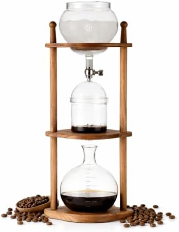 Nispira Iced Coffee Cold Brew Drip Tower Coffee Maker, 6–8 Cup Manual Cold Brew Brewer with Adjustable Valve, Wooden Frame & Glassware, Slow Cold Extraction System