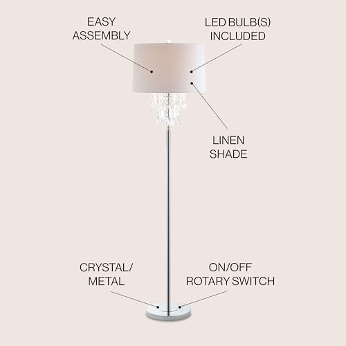 JONATHAN Y Abigail 61" Crystal Metal LED Floor Lamp, Clear/Chrome | Chandelier Style, Contemporary Glam Design, White Linen Drum Shade, Rotary Switch