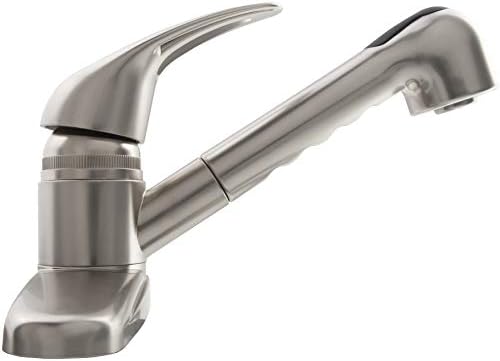 Dura Faucet DF-PK100-SN RV Pull-Out Kitchen Sink Faucet (Satin Nickel) | Corrosion-resistant single-lever build with sprayer. Brushed Satin Nickel. Plated ABS plastic (not metal).