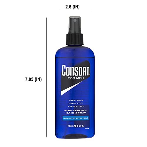 Consort Extra Hold Non-Aerosol Hair Spray for Men, Unscented, 8 Oz | Extra-hold pump hair spray, fast drying and not sticky or stiff, unscented