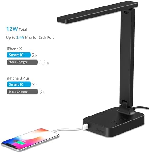 Drevet LED Desk Lamp for College Dorm Room, Desk Light with 1 USB Charging Port 2 AC Power Outlet, 3 Lighting Modes, 3 Level Brightness Touch Lamp