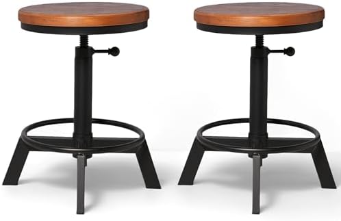 Set of 2 Industrial Bar Stools Short Stool Swivel Wooden Seat Kitchen Island Chairs Counter Height Adjustable 15.2-21inch