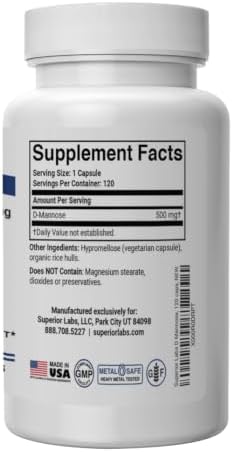 Superior Labs D-Mannose 500 mg, Pure Non-GMO Optimal Absorption Prebiotic, Urinary Tract, Bladder & Kidney UTI Support, Digestive & Liver Health Aid