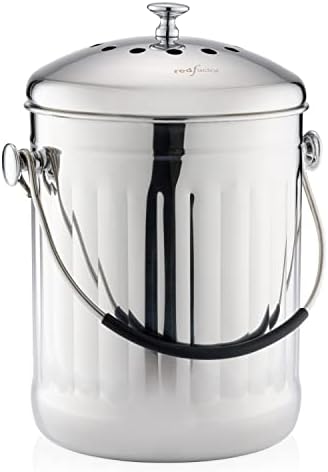 RED FACTOR Premium Compost Bin for Kitchen Countertop - Stainless Steel Food Waste Bucket with Innovative Dual Filter Technology - Includes Spare