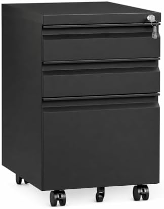 3-Drawer Mobile Steel Filing Cabinet with Lock, Fully Assembled Under Desk File Cabinet for Letter/Legal/A4 Size, Heavy Duty Storage Organizer for Home Office