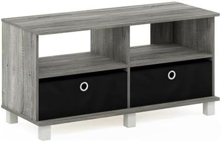 Furinno Andrey Entertainment Center with Bin Drawers, French Oak Grey/Black | Open Shelf TV Console for TV up to 46 Inch with Bin Drawers