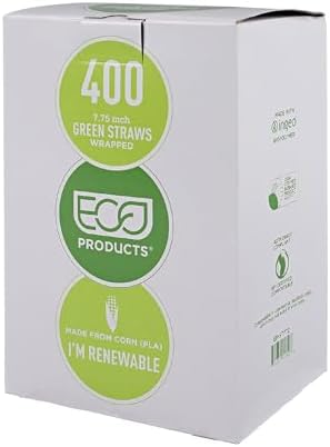 Eco-Products Compostable Paper Wrapped Plastic Straws, 7.75" Long, 5mm Diameter, Case of 9600, Green Disposable Plant Based PLA Plastic