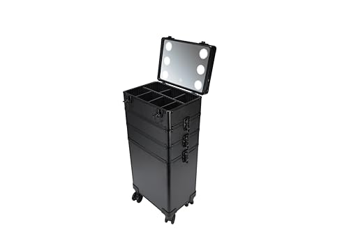 mefeir 4 in 1 Rolling Makeup Train Case, Aluminum Makeup Travel Organizer Cosmetic Case, Cosmetology Display Suitcase on Wheels, Beauty Storage Luggage Lockable w/4 Removable Wheels (Black)