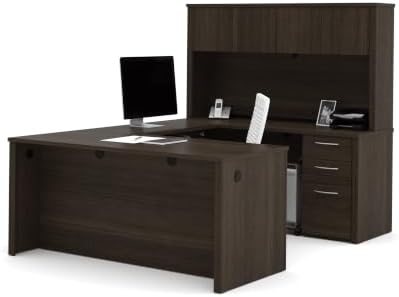 Bestar Embassy 66W U-Shaped Executive Desk with Pedestal and Hutch in Dark Chocolate | With Pedestal and Hutch, with Narrow Desk Shell, Desk Shell