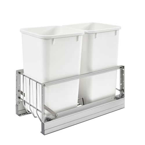 Rev-A-Shelf 35 Qt Aluminum Bottom Mount Double Pullout Waste Container w/Soft-Close for Base Kitchen Cabinets, Min. 15" Opening Width, Silver & White, 5349-15DM18-2