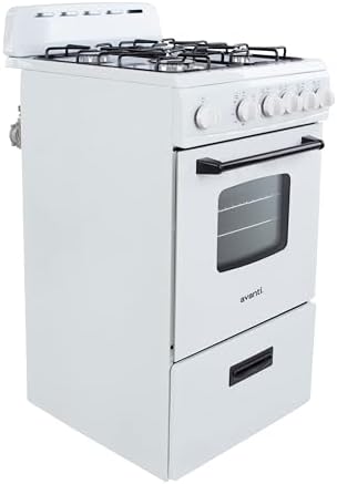 Avanti Compact Gas Range Oven, 4 Sealed Burners, 20-Inch, Stainless Steel | Avanti Compact Gas Range Oven, Freestanding with 4 Sealed Burners, Broiler with Pan, Storage Drawer, 20-Inch, Stainless Steel