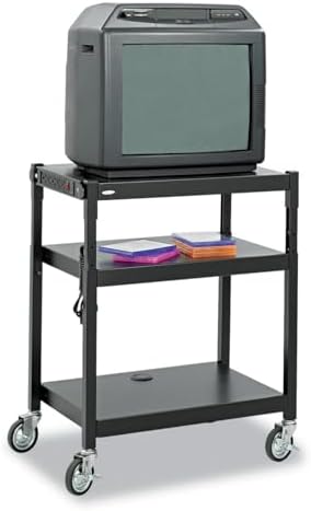 Pemberly Row Black Steel Mobile Media Cart, Adjustable Height 28-36 in, 3 Shelves 24 x 18 in, Powder Coated Finish, Swivel Casters with 2 Locking