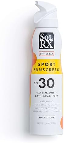 SolRX Sport SPF 30 Dry Spray Sunscreen, Water & Sweat Resistant 6oz | 360 Degree Multi-Angle Spray Nozzle, Designed For Easy Application