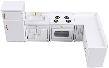 1:12 Scale Dollhouse Kitchen Furniture Set, 5 Piece Wooden Miniature Kitchen Accessories with Cabinet, Fridge, Sink, Corner Cabinet