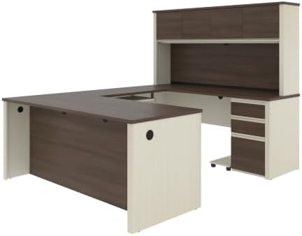 Bestar Prestige + 72W U-Shaped Executive Desk with 2 Pedestals and Hutch in White Chocolate & Antigua | With 2 Pedestals and Hutch; with Narrow Desk Shell, Desk Shell, Desk Bridge, Keyboard Tray, CPU Stand; stands 67 in. tall