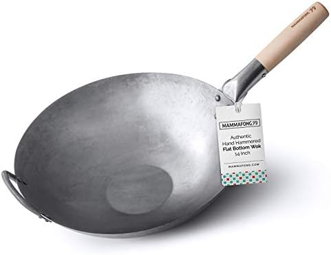 Flat Bottom Carbon Steel Wok Pan - Authentic Hand Hammered Woks and Stir Fry Pans - 14" Pow Wok