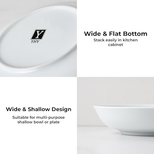 Y YHY 9" Pasta Bowls, 40oz Large Salad Bowls Set of 6, Wide Shallow Ceramic Bowls for Serving Soup, White Dinner Plates Set for Kitchen