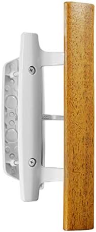 Mortise Style Reversible Sliding Patio Door Handle Set with Oak Wood Interior Handle and Exterior Pull in White Diecast Finish Fits 3-15/16” Screw