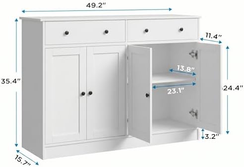 holzart White Buffet Cabinet with Storage, 49" Modern Kitchen Sideboard with 4 Doors & Adjustable Shelves, Wood Coffee Bar Cabinet Console Table for Dining Room, Living Room, Entryway