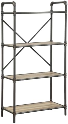 Benjara Benzara Four-Tier Metal Bookshelf with Wooden Shelves, Brown and Grey,