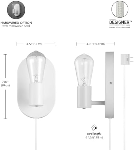 Globe Electric 65000134 1-Light Plug-in or Hardwire Wall Sconce, Matte White, 6ft White Fabric Covered Cord, Inline On/Off Rocker Switch, Bedroom